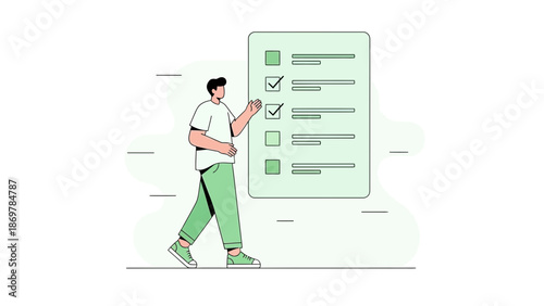 Man checking tasks on a to-do list, modern flat illustration, business planning concept