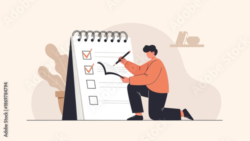 Man checking tasks on a to-do list, planning and organization concept illustration