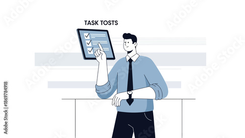 Man Checking Tasks on Tablet Screen, Business Workflow and Productivity Illustration