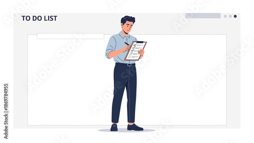 Man checking to-do list on clipboard, planning tasks, business concept, task management