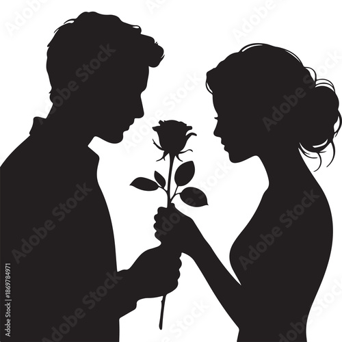 Romantic Silhouette Couple Exchanging Rose Vector Illustration