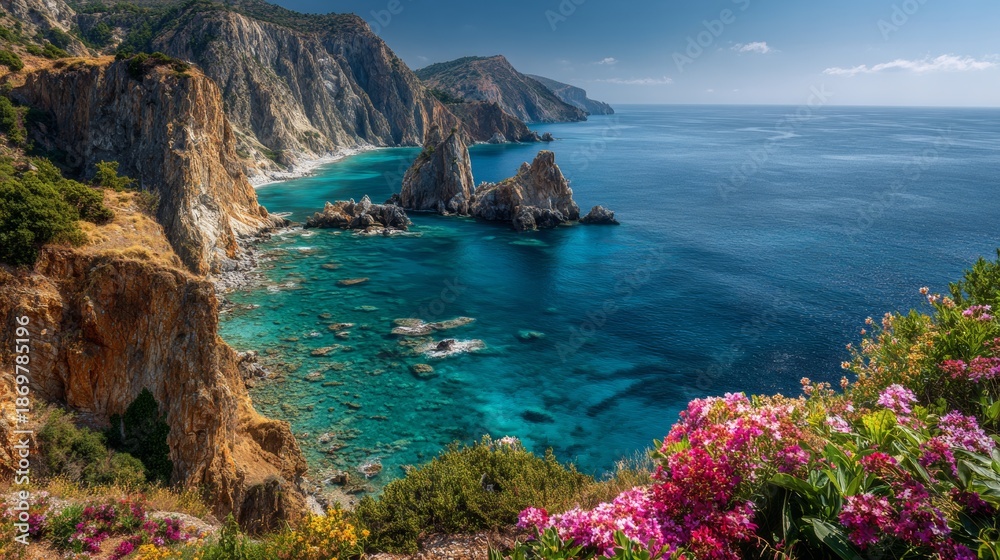 Fototapeta premium Beautiful seascape with mountains, flowers, and a blue sky