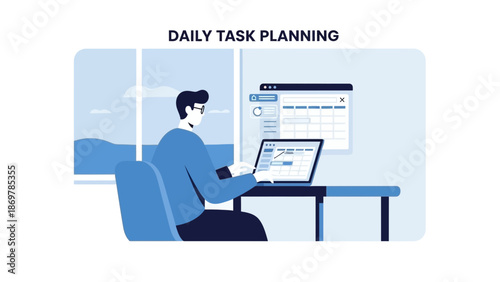 Man doing daily task planning on laptop, calendar schedule on screen, modern flat illustration