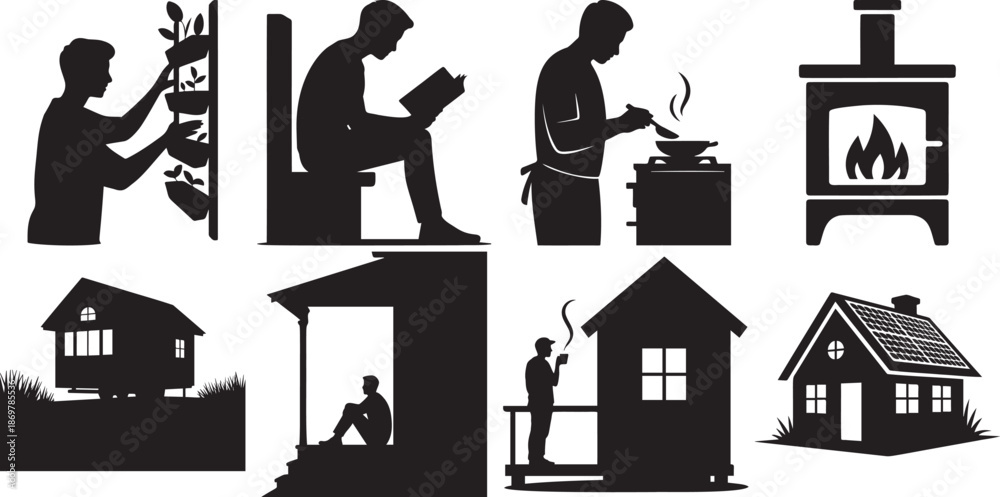 Fototapeta premium Cozy domestic scenes depict relaxing home life activities including gardening, reading, and cooking