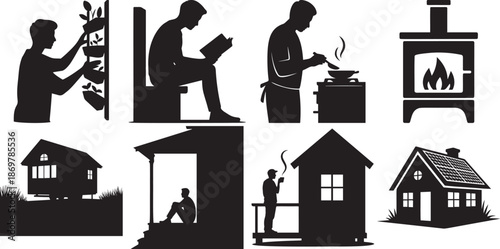 Cozy domestic scenes depict relaxing home life activities including gardening, reading, and cooking