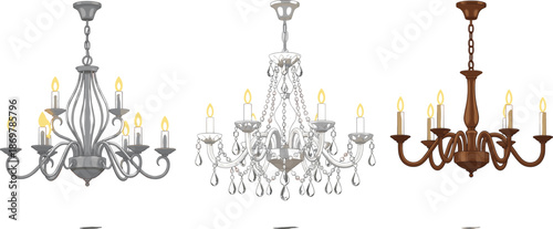 Elegant chandelier vector set featuring classic decorative ceiling lights with candles, ornate details, and luxurious interior lighting elements