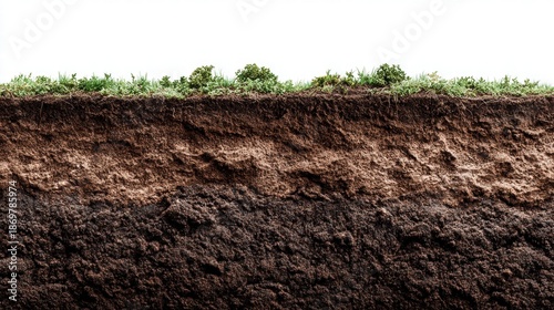 Cross-section of soil layers with grass and vegetation on top.