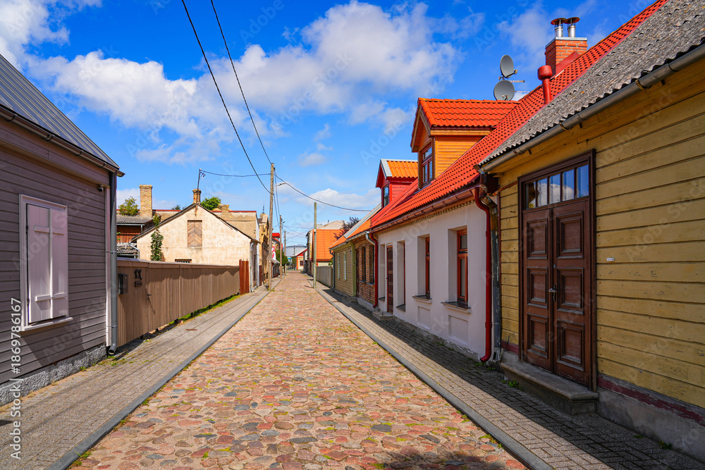 Obraz premium Cobbled street in the Old Town of Ventspils on the west coast of Latvia in the Baltic Sea