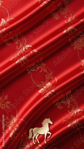 Red Silk Fabric Background with Golden Dragon Pattern and Horse Symbol, Chinese New Year Year of the Horse Luxury Concept