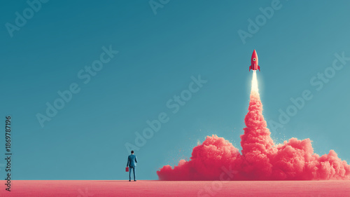 Businessman embarks on a bold journey to launch a rocket startup concept