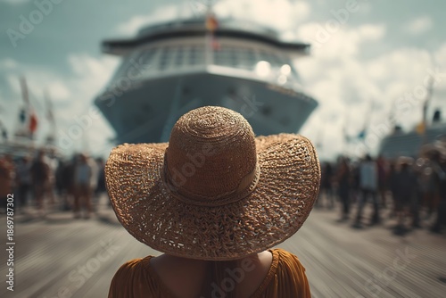 Traveler wearing wide brim straw hat stands on dock facing enormous passenger vessel