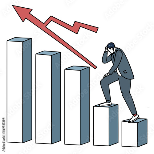 Businessman standing on block with falling graph suit