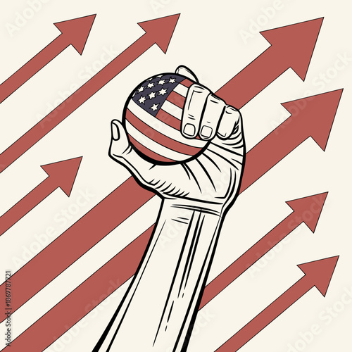 Fist holding American flag sphere with red arrows hand