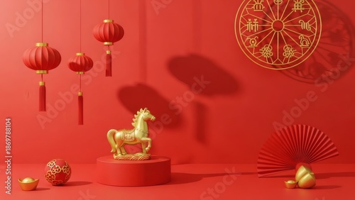 Golden Horse Figurine with Red Lanterns and Fan on Red Background, Chinese New Year Year of the Horse Festive Decoration