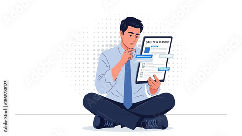 Man Planning Daily Tasks on Tablet