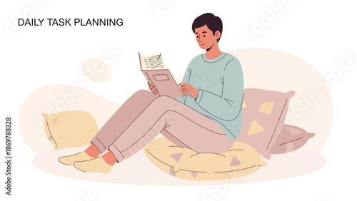 Man Planning Daily Tasks Reading Notebook Sitting on Pillows