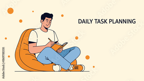 Man Planning Daily Tasks Sitting Comfortably on Bean Bag Chair