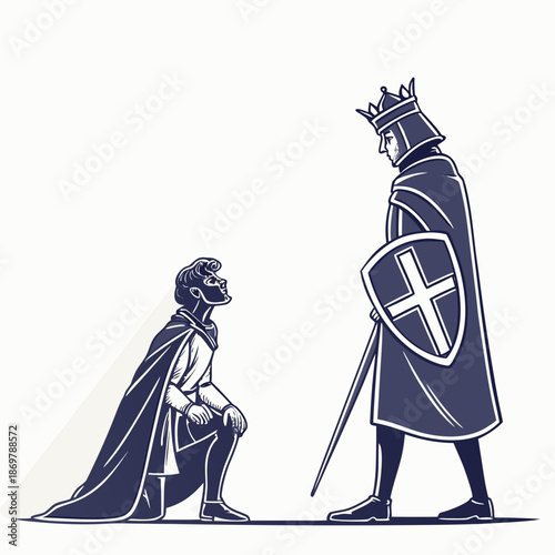 King and knight standing under beam of light white background