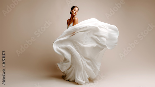 Bride white wedding dress flowing fabric motion beige background. Elegant woman gown dynamic movement luxury bridal fashion. Beautiful model ceremony outfit studio portrait romantic style couture.