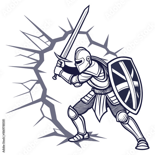 Knight in armor breaking through transparent wall with sword and shield