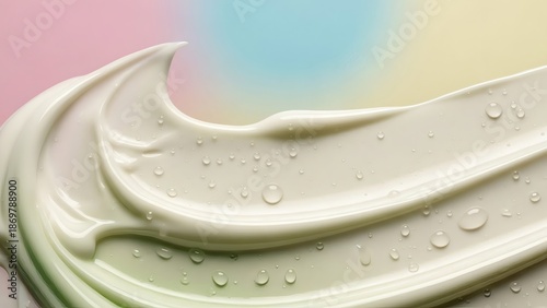 White Cream Wave Texture with Water Droplets on Pastel Background, Skincare and Beauty Abstract Concept