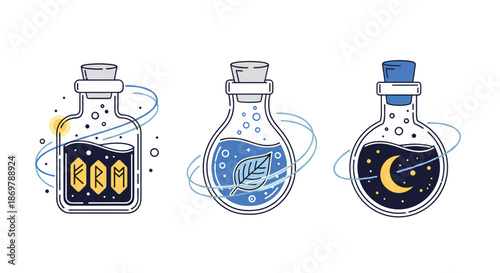 Three magical potion bottles containing different liquids like runes, a leaf, and a crescent moon with stars.