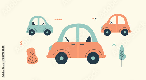 Playful illustration of three stylized cars in pastel colors with trees and abstract shapes for children.