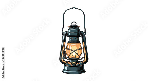 Vintage oil lamp lantern with a warm glowing light inside against a white background for retro camping or home decor.