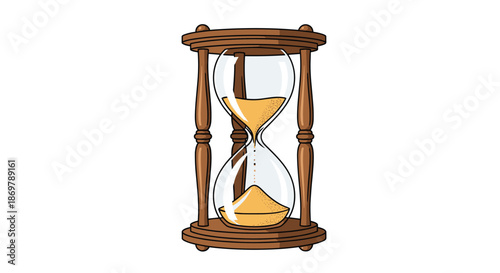 Traditional wooden hourglass filled with golden sand measures time in this detailed and realistic color illustration of a timer.