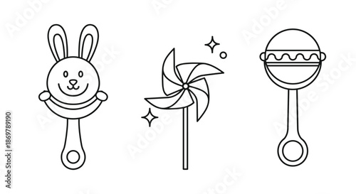 Three infant toys including a bunny rattle and a spinning pinwheel are shown in a clean black and white line art style for kids.
