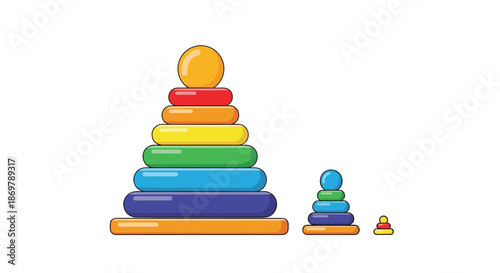 Three colorful stacking ring towers of different sizes represent classic educational toys for babies and young toddlers to play.