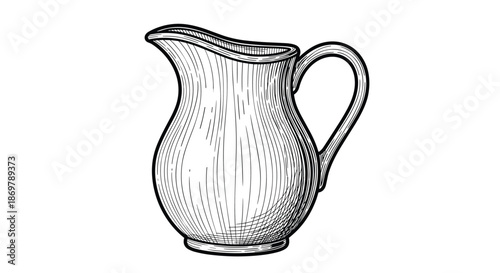 Classic ceramic or metal pitcher with a rounded body and elegant handle is illustrated in a detailed engraved style with fine lines.