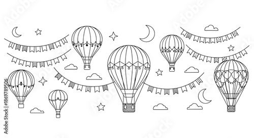 Whimsical coloring page featuring decorated hot air balloons floating among stars, clouds, and festive flags in the sky.