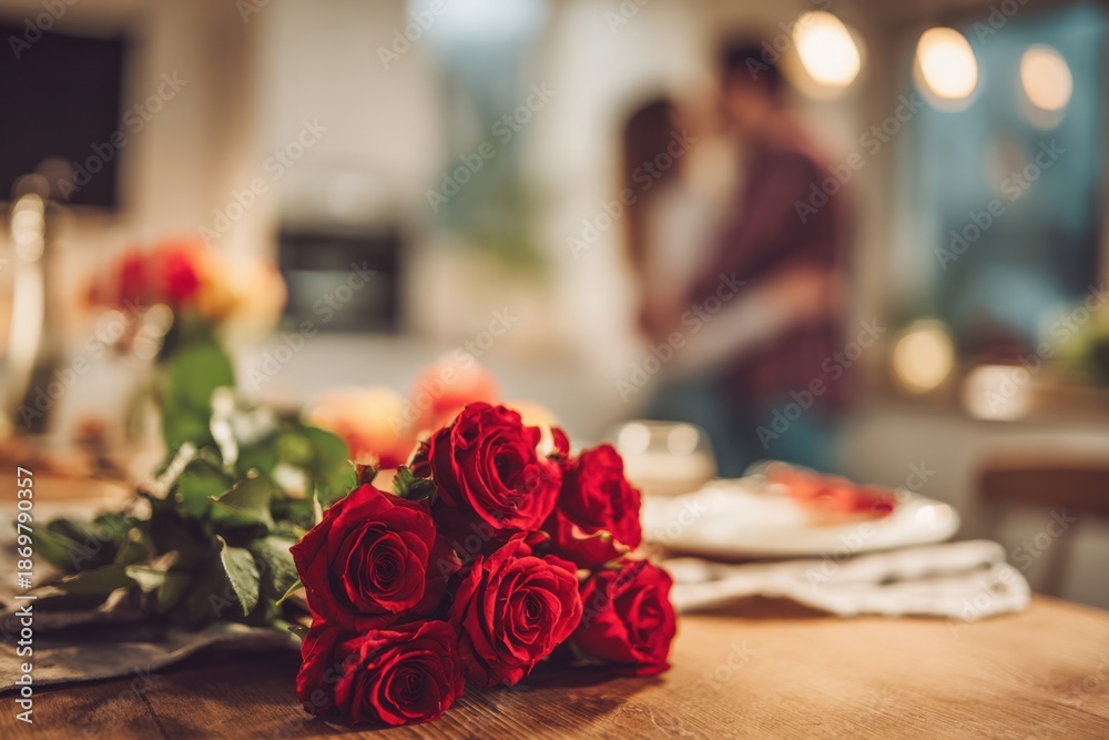Obraz premium Red Roses Bouquet on Table in Background Couple in Love