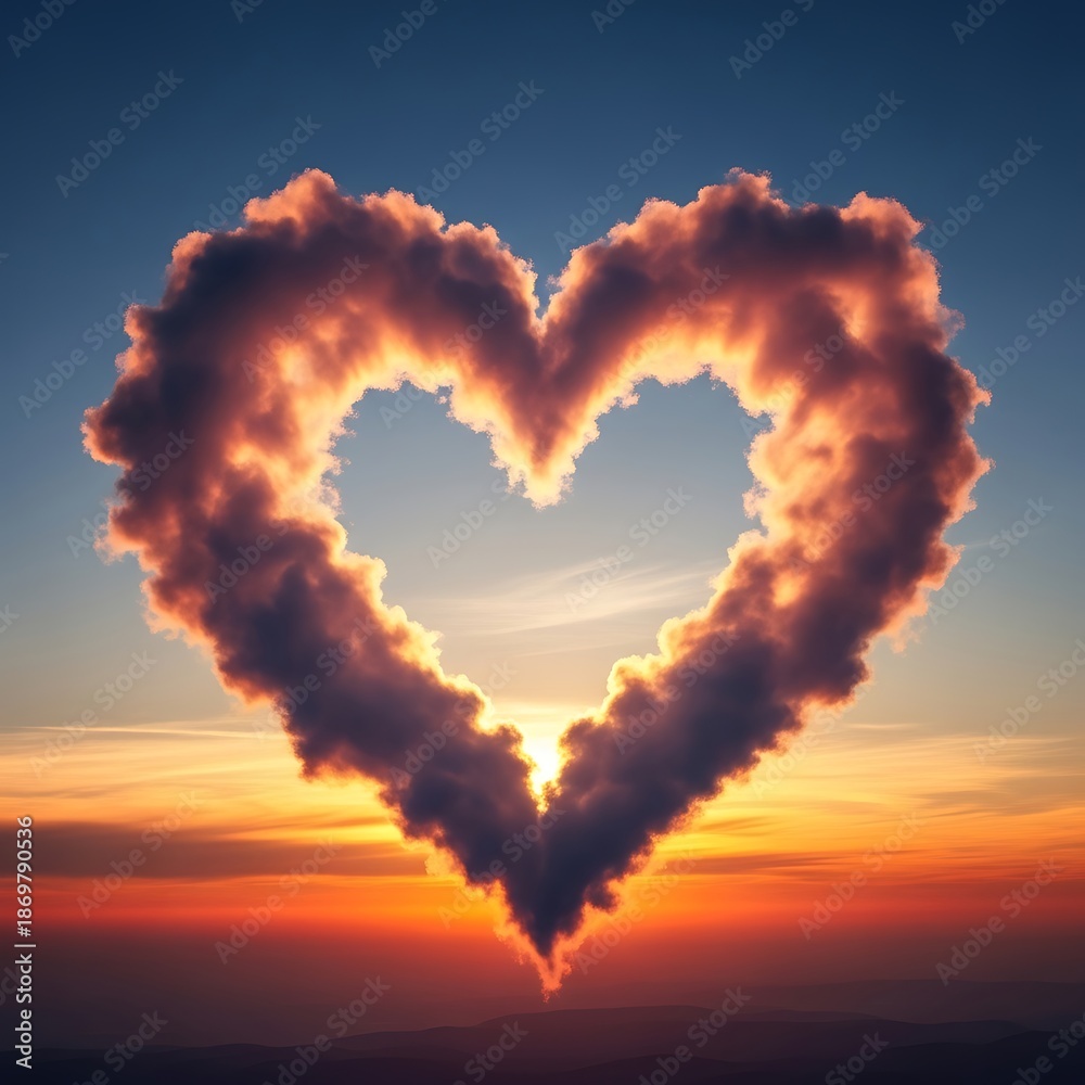 Naklejka premium Heart shaped clouds at sunset with orange glow