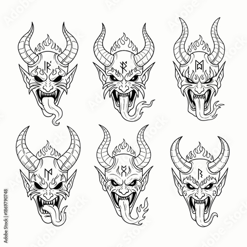 Variety of flaming horned demon head black silhouettes