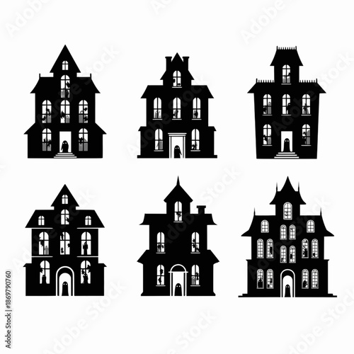 Set of gothic haunted house black vector silhouettes