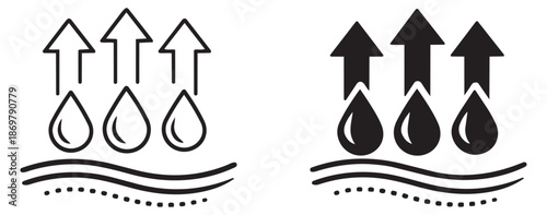 Line art and solid moisture evaporation icons set featuring water drops and upward arrows for textile features and fabric properties
