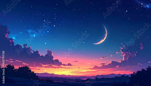 Serene night sky with crescent moon.