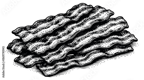 Hand drawn line art illustration of bacon slices depicting a stack of delicious strips for food packaging and restaurant menus