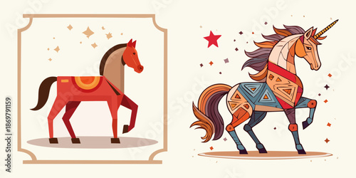 Whimsical Horse Illustrations: Two stylized horse illustrations showcase a sense of whimsy and elegance, perfect for adding a touch of enchantment to any project. Zodiac horse symbol.