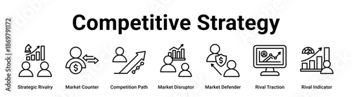 Competitive Strategy web banner icon vector illustration concept for business with icon of Strategic Rivalry, Market Counter, Competition Path, Market Disruptor, Market Defender, Rival Traction.