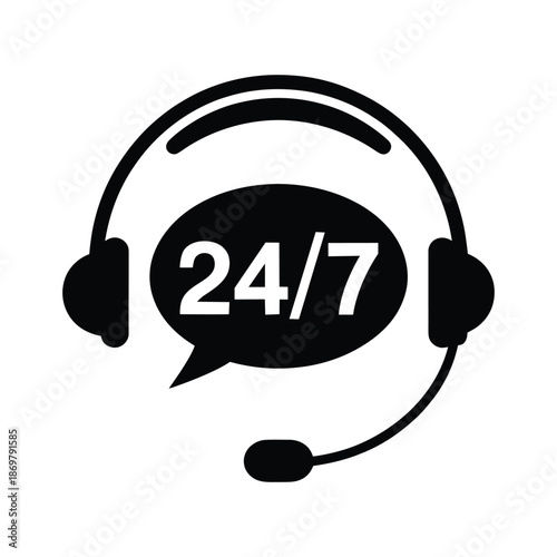 Minimalist 24/7 Customer Support Icon with Headset and Speech Bubble