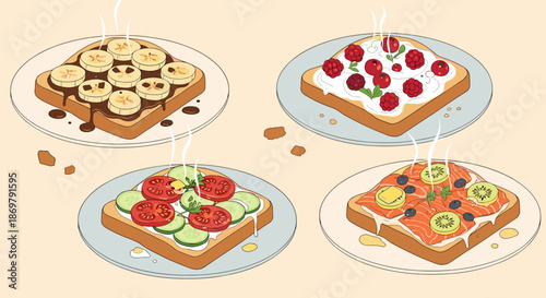 Set of delicious breakfast toast options featuring toppings like sliced bananas with chocolate, berries with cream, cucumber, and salmon.