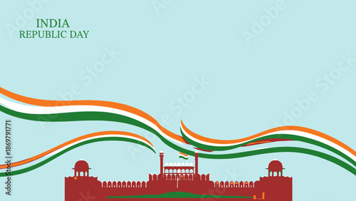 Red Fort illustration waving Indian flag colors in the sky on Republic Day