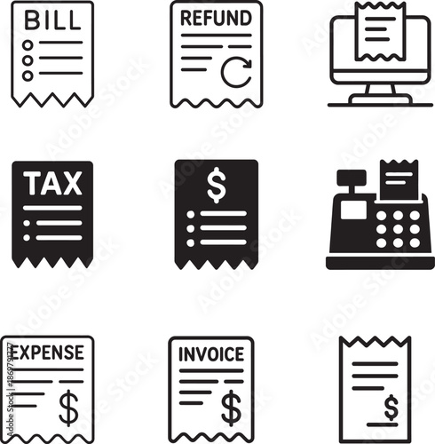   Paper receipt icon vector collection set for billing, invoice, payment proof and finance apps.