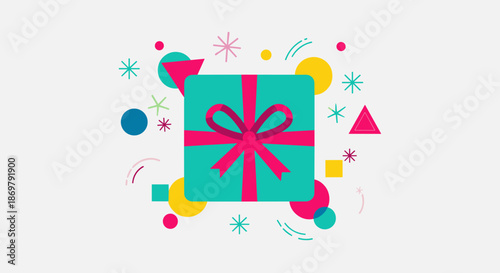 Colorful wrapped gift box decorated with a pink bow surrounded by abstract geometric shapes and stars for festive celebrations.