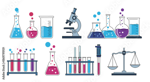 Comprehensive collection of chemistry laboratory tools including test tubes, beakers, flasks, microscope, and scales for science.