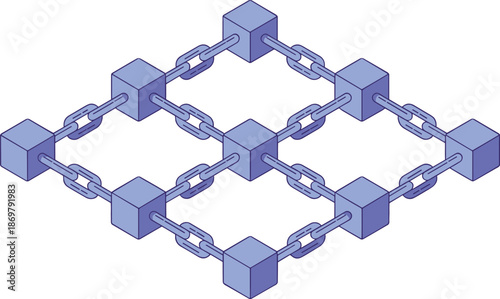 Blockchain network illustration isolated on white background, blue connected blocks and chains representing decentralized technology, security, data, cryptocurrency systems infrastructure