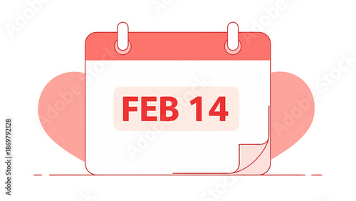 February 14 Calendar Reminder with Heart – Valentine’s Day Flat Illustration
